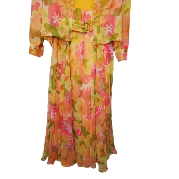 Vintage 1970s Jack Bryan Sleeveless Maxi Dress & Jacket Yellow Coral Green sz 12 - Picture 3 of 15